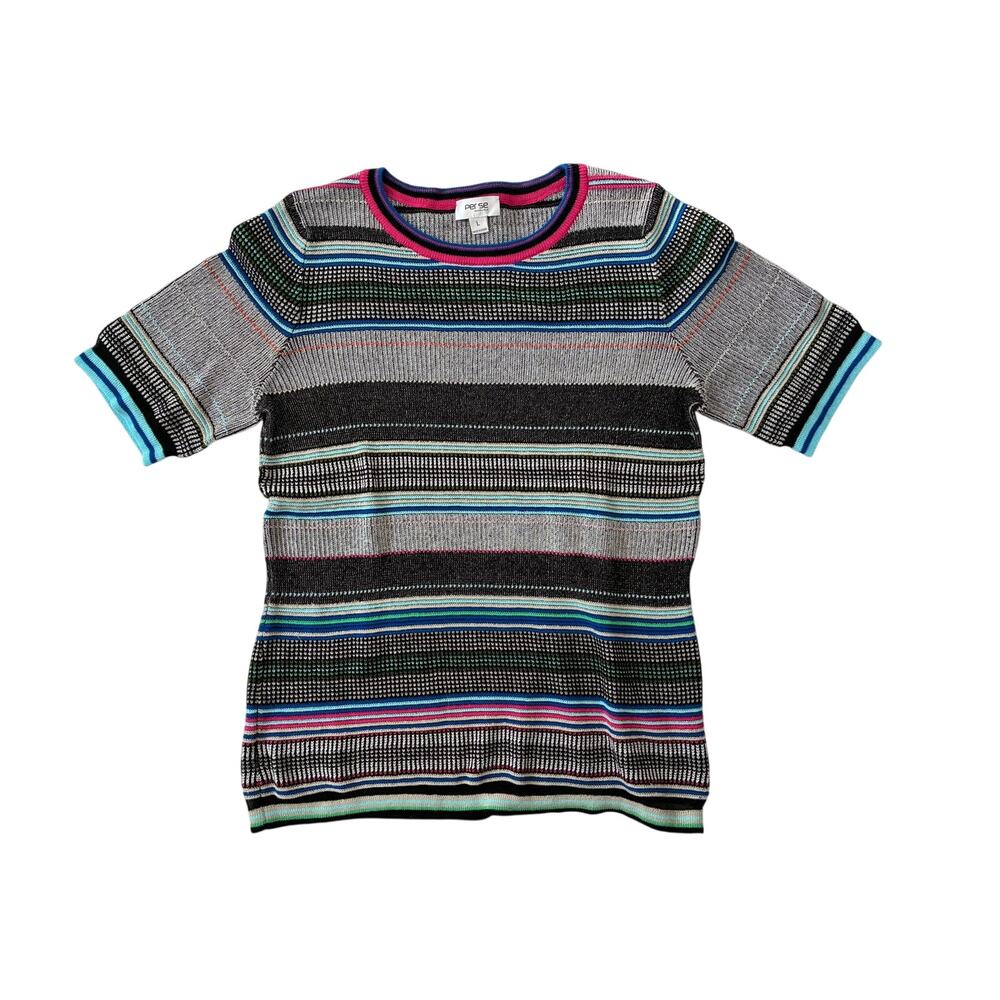 Carlisle Sweater Short Sleeve Cotton Colorful Ribbed Vibrant Multi Stripes Lg